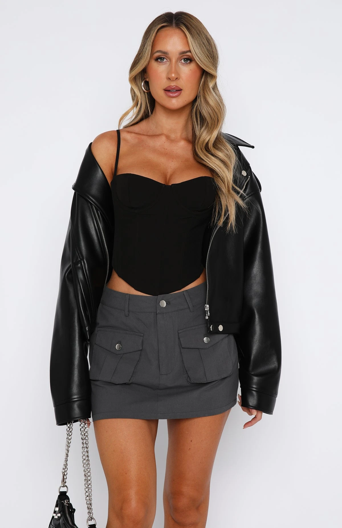 Let's Meet Tonight Cargo Mini Skirt Charcoal - Image 2