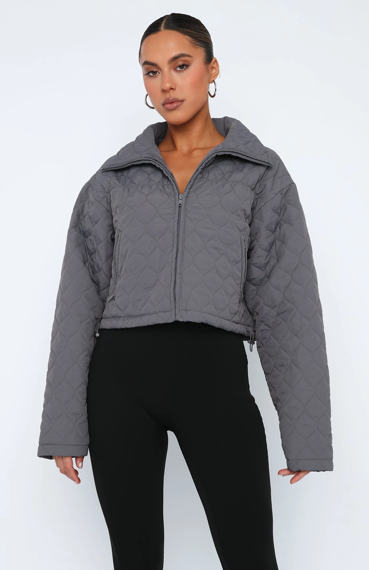 Too Distant Cropped Puffer Jacket Charcoal - Image 2