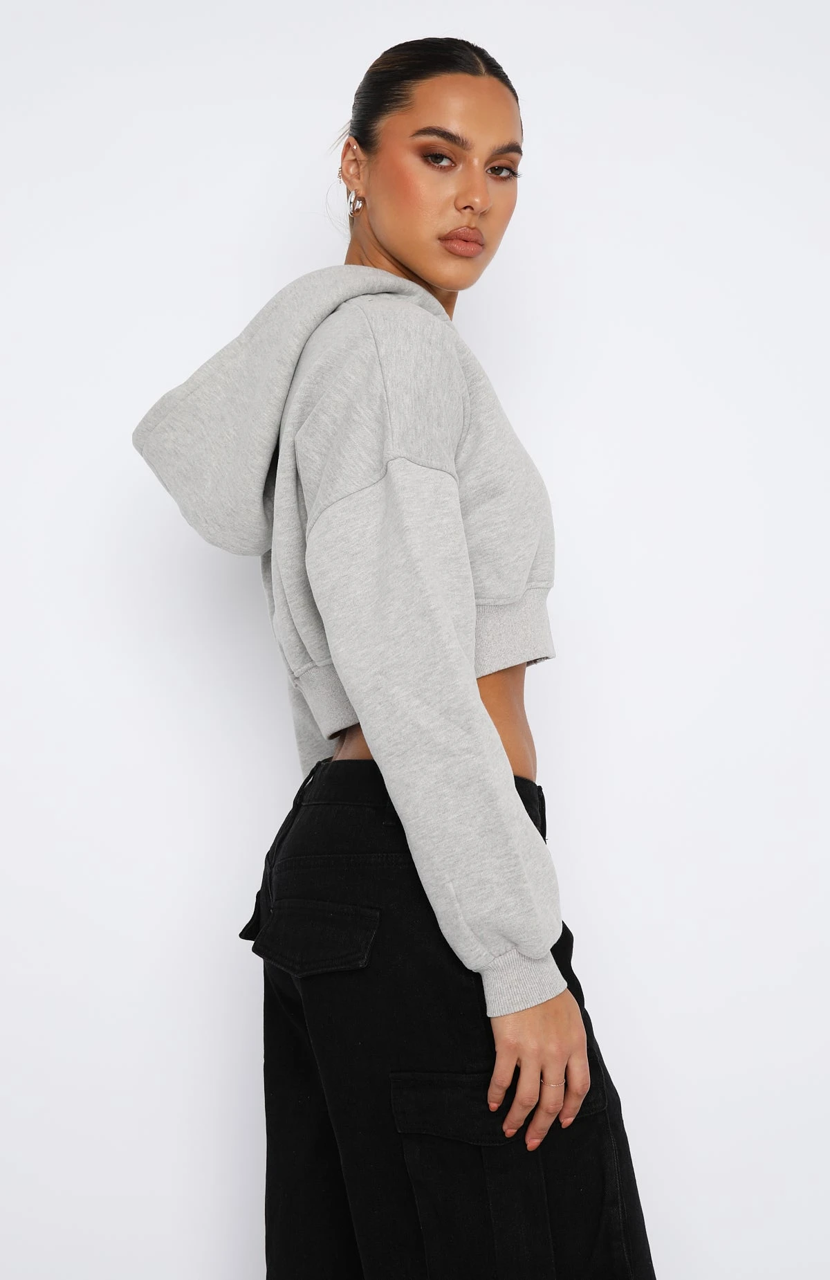 She's Effortless Cropped Hoodie Grey Marle - Image 3