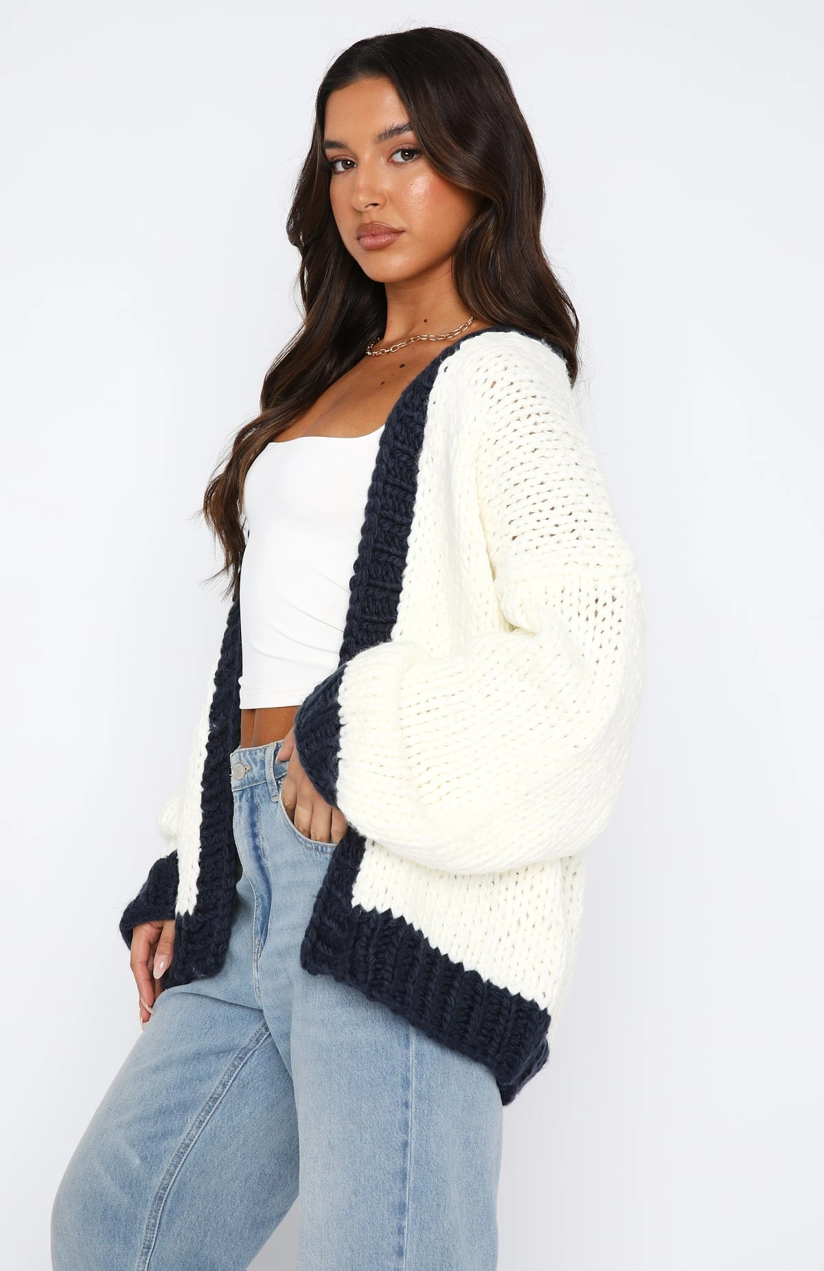 A Little Too Much Knit Cardigan Cream + Navy - Image 3