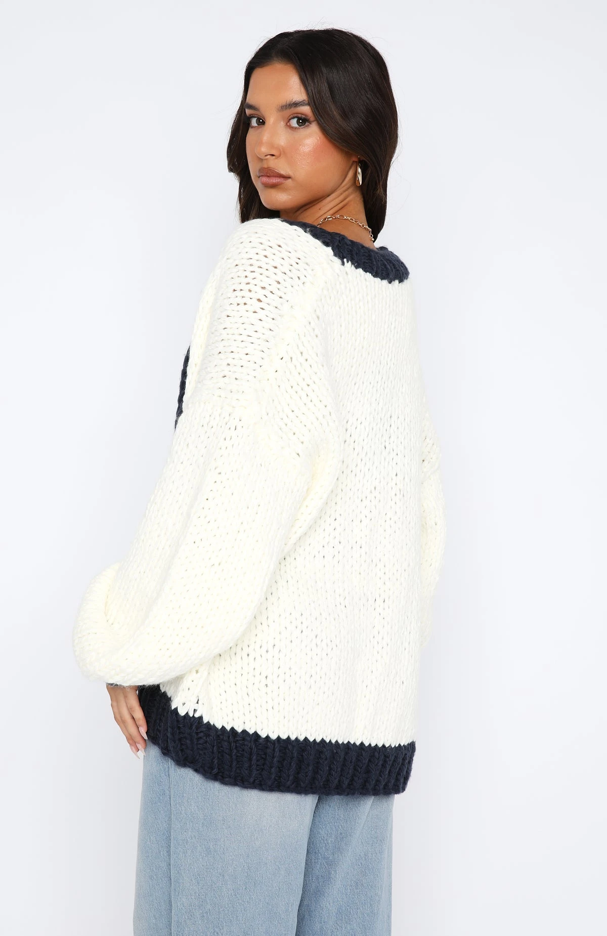 A Little Too Much Knit Cardigan Cream + Navy - Image 4