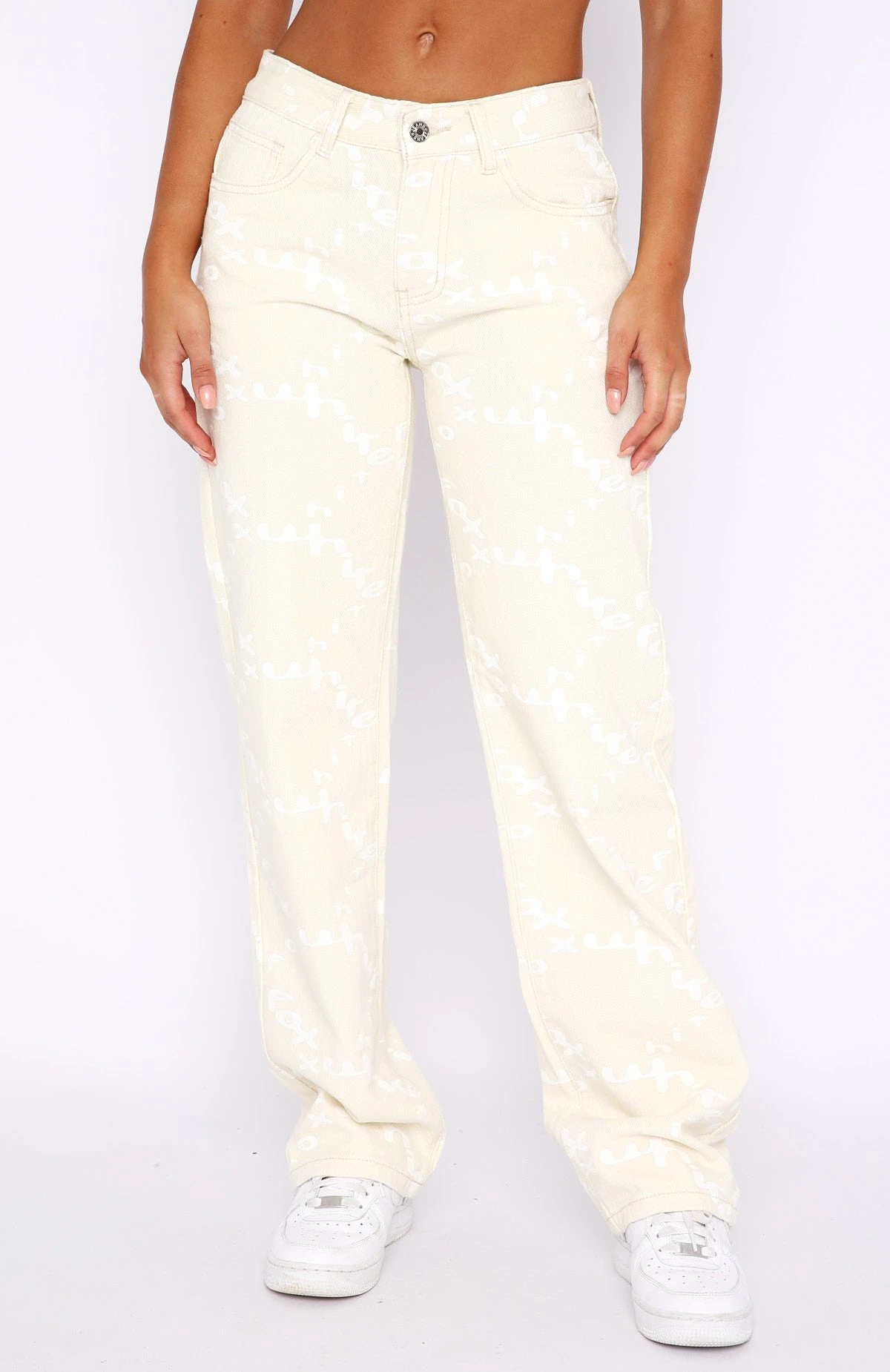 Catch Me Out Mid Rise Straight Leg Printed Denim Jeans Cream - Image 2