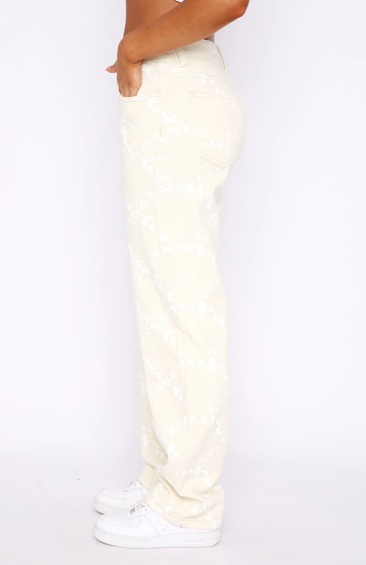 Catch Me Out Mid Rise Straight Leg Printed Denim Jeans Cream - Image 3