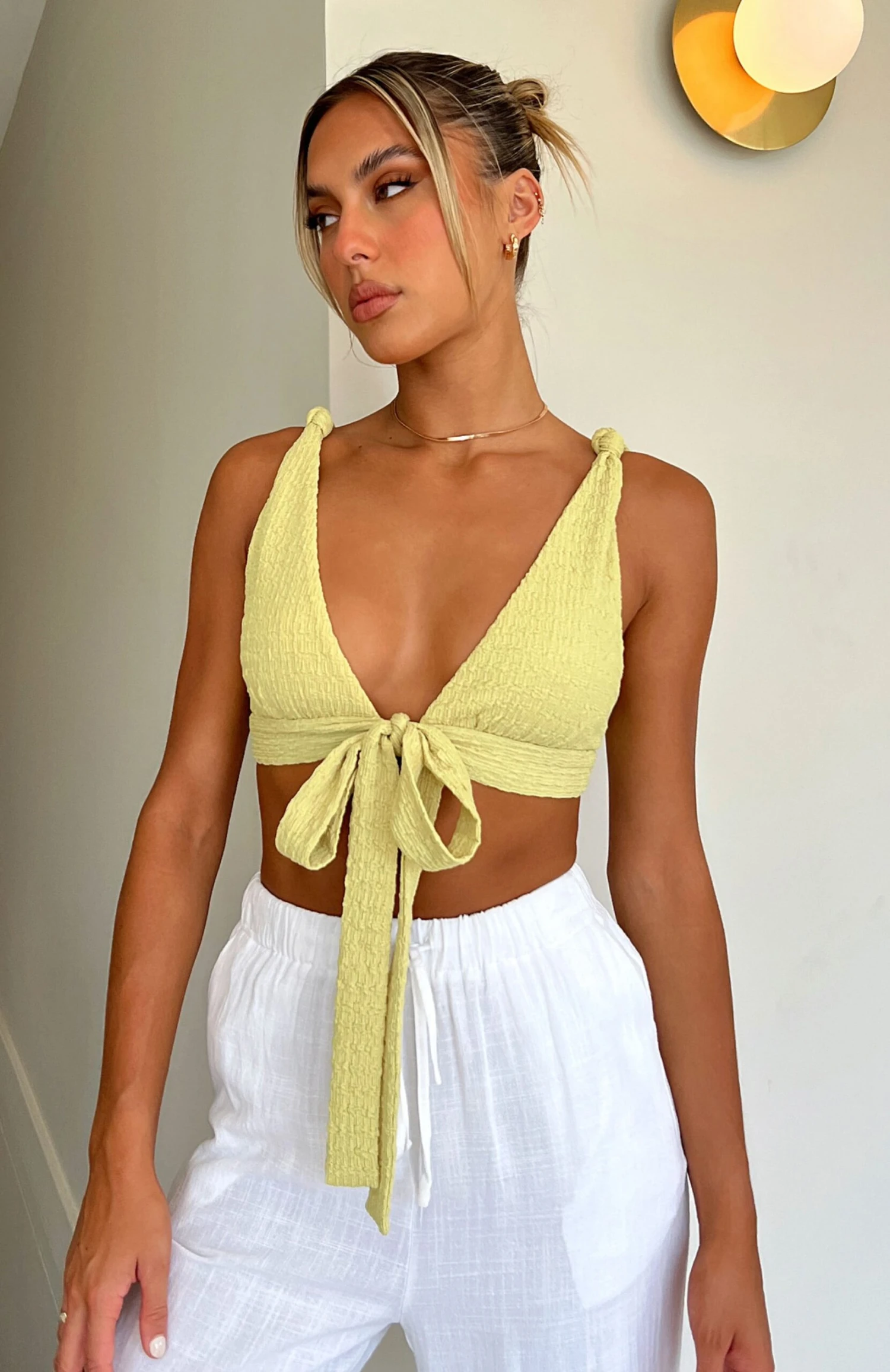 Falling Into You Tie Front Crop Matcha