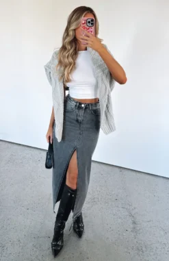 Take My Picture Denim Maxi Skirt Black Acid Wash