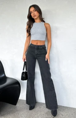 In Heaven Mid Rise Straight Leg Jeans Black Acid Wash