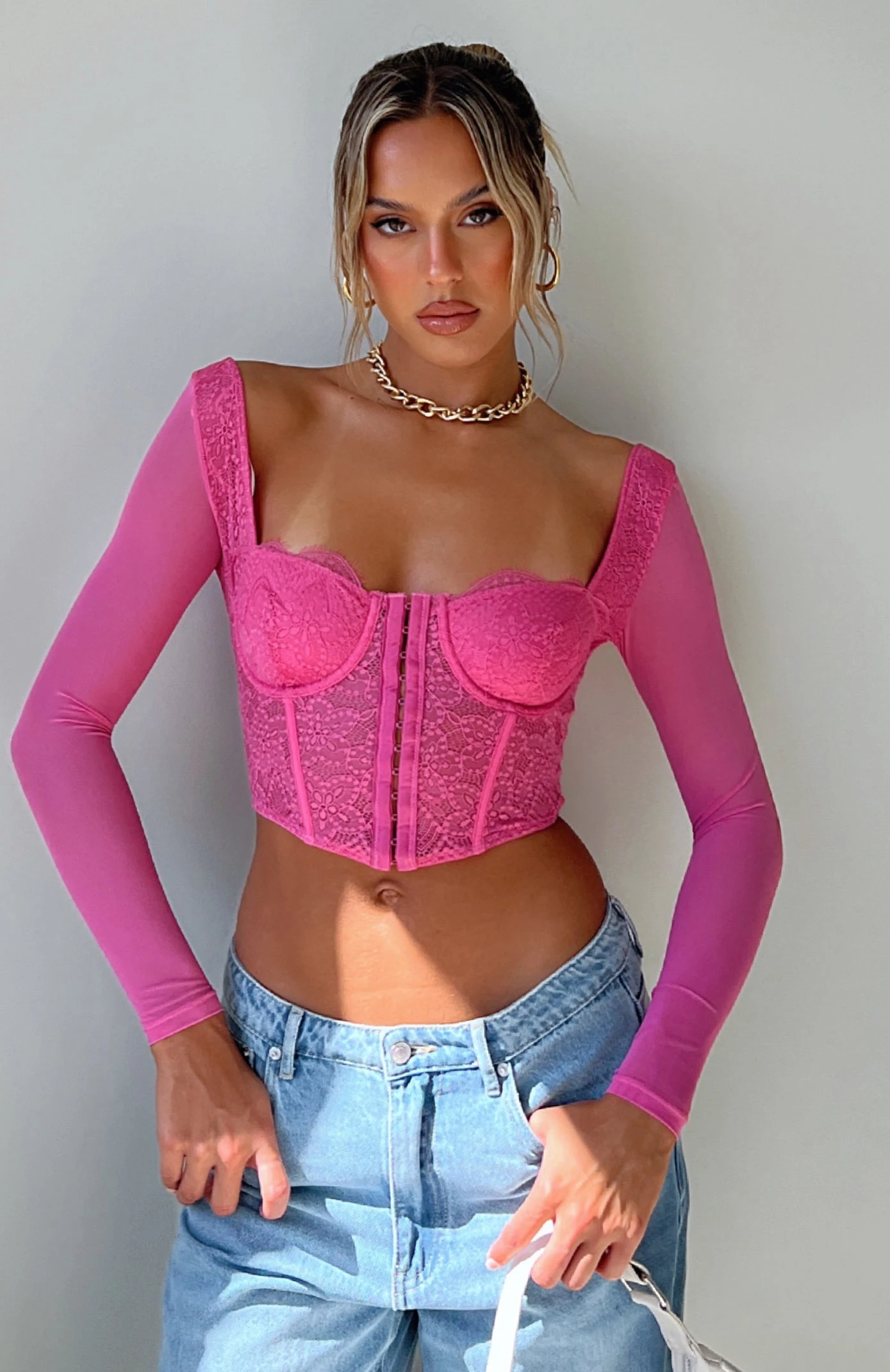 She's Magic Long Sleeve Lace Bustier Hot Pink - Image 5